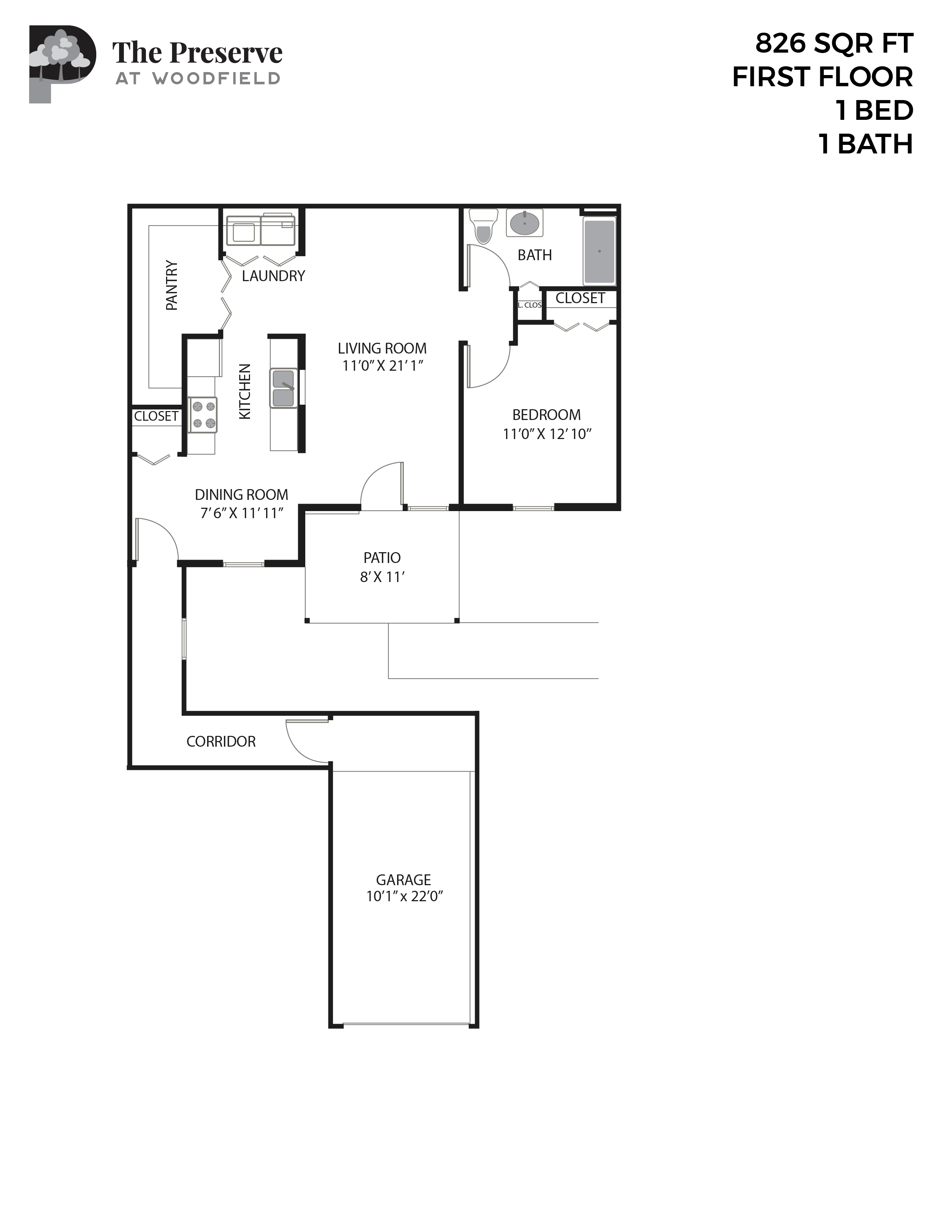 Floor plan for 1 bed, 1 bath, 826 sqft